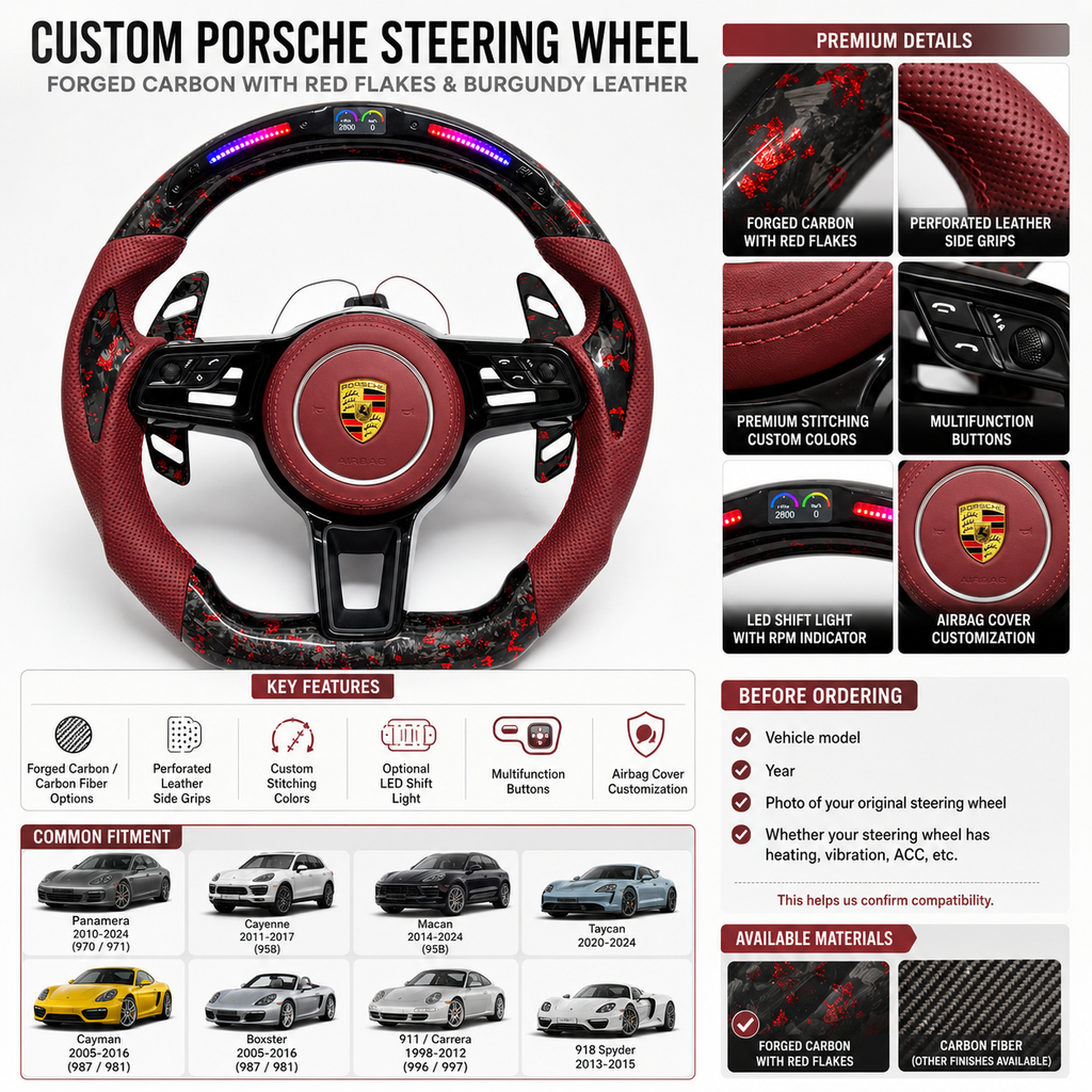 Custom Porsche Forged Carbon Steering Wheel with Red Flakes Burgundy Leather LED Shift Light and Multifunction Controls for Taycan 2020 2024 Cayman 987 981 Boxster 987 981 CJ Mod Garage