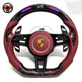 Porsche Steering Wheel with Forged Carbon Red Flakes Burgundy Leather Grip LED Indicator and Paddle Shifters for 911 Carrera 996 997 1998 2012 918 Spyder 2013 2015 CJ Mod Garage
