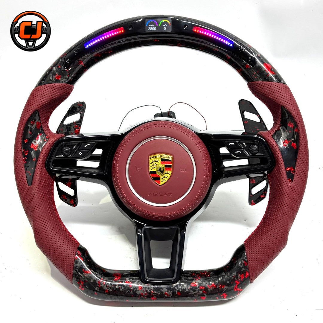 Porsche Steering Wheel with Forged Carbon Red Flakes Burgundy Leather Grip LED Indicator and Paddle Shifters for 911 Carrera 996 997 1998 2012 918 Spyder 2013 2015 CJ Mod Garage