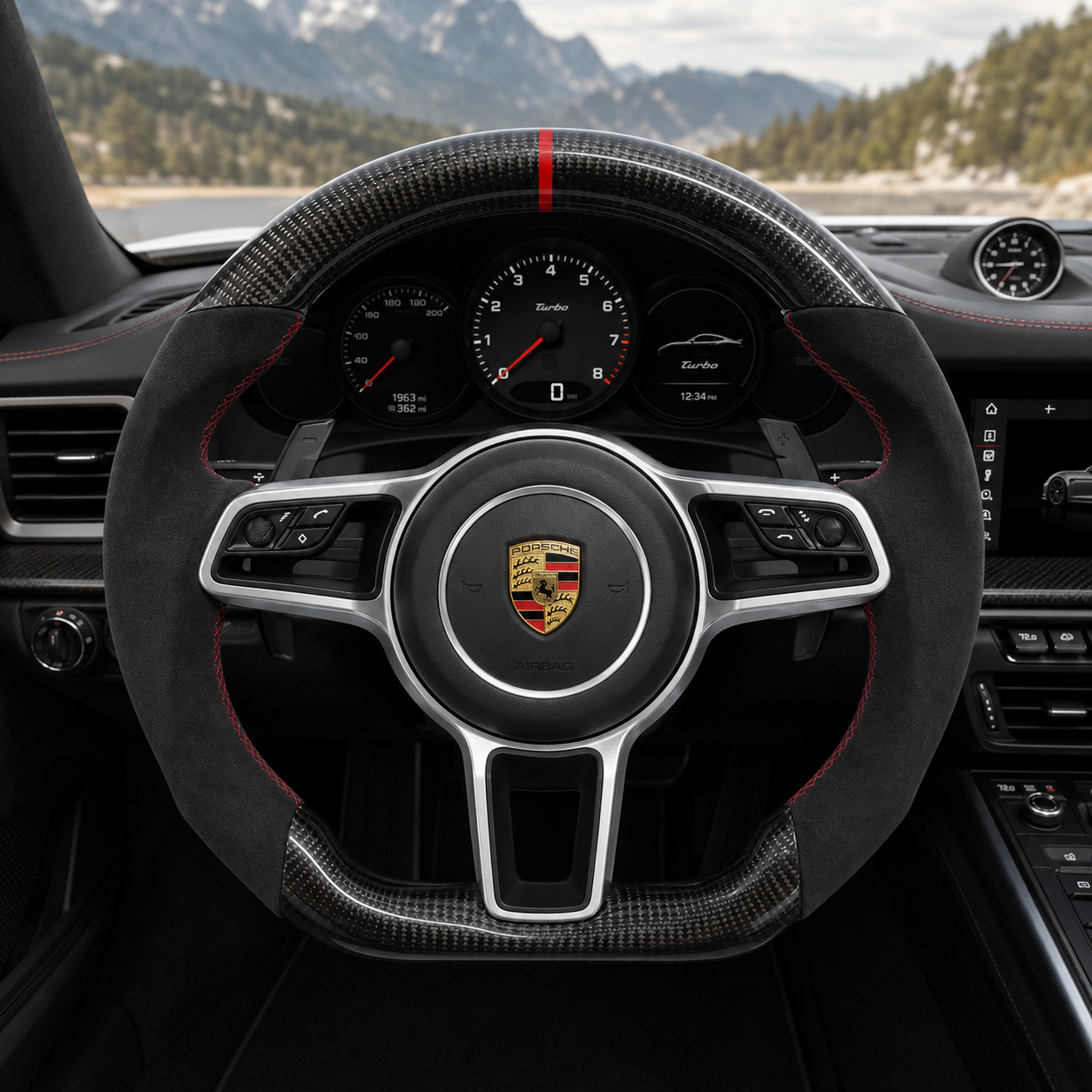 Porsche Carbon Fiber Steering Wheel with Alcantara Side Grips Red Center Stripe and Sport Paddle Shifters for Panamera 970 971 2010 2024 Cayenne 958 2011 2017 CJ Mod Garage