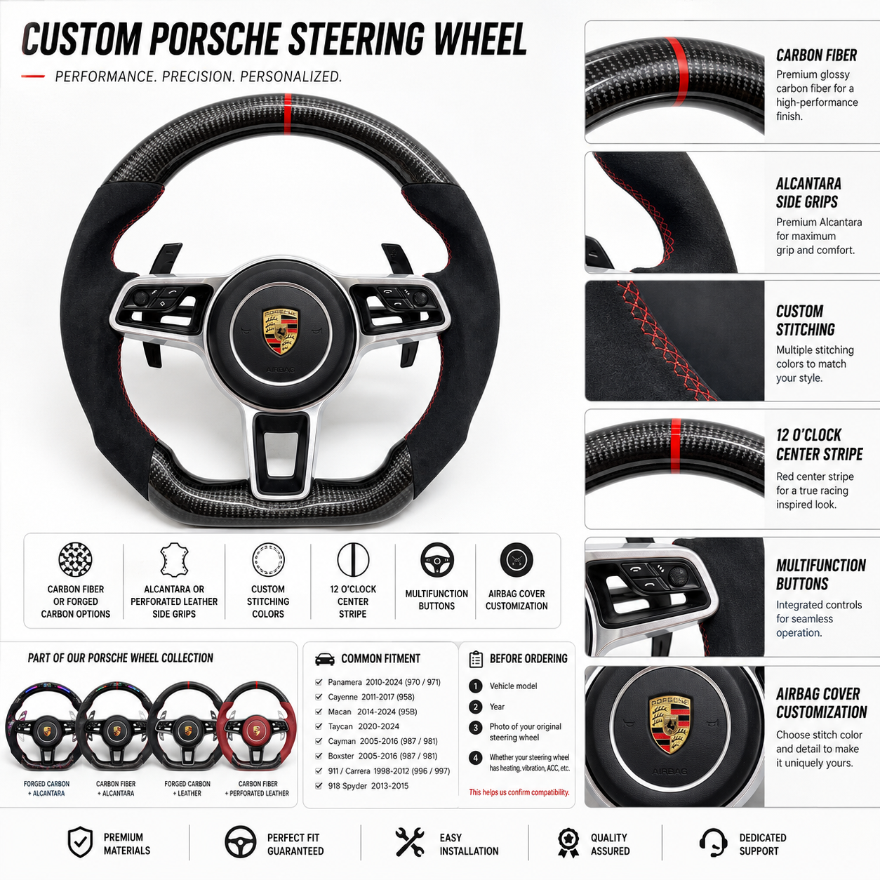 Custom Porsche Steering Wheel with Carbon Fiber Finish Alcantara Grip Red Stitching and Airbag Cover Customization for Macan 95B 2014 2024 Taycan 2020 2024 CJ Mod Garage