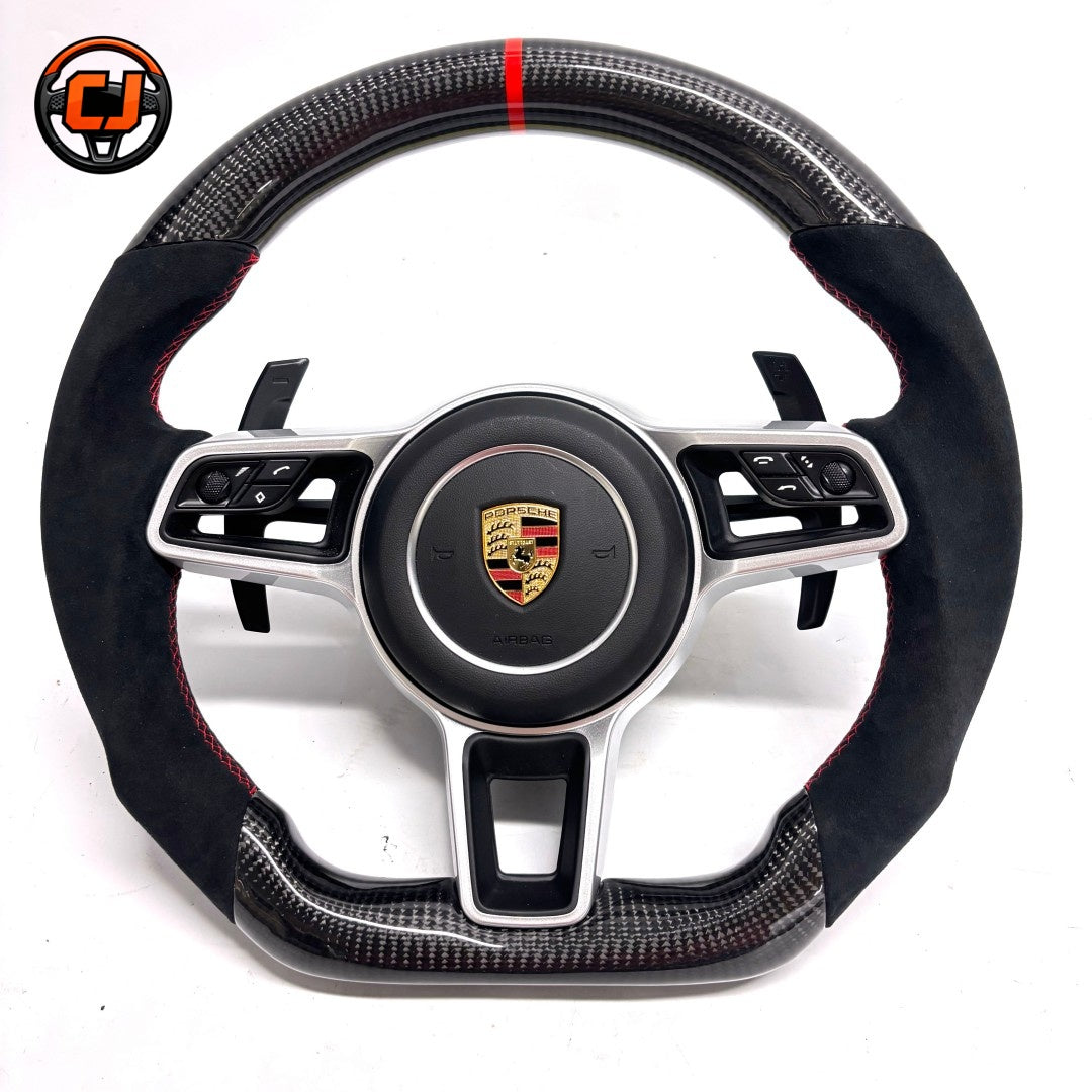 Porsche Performance Steering Wheel with Carbon Fiber Upper Lower Sections Alcantara Grip and Red Racing Stripe for Cayman 987 981 2005 2016 Boxster 987 981 CJ Mod Garage