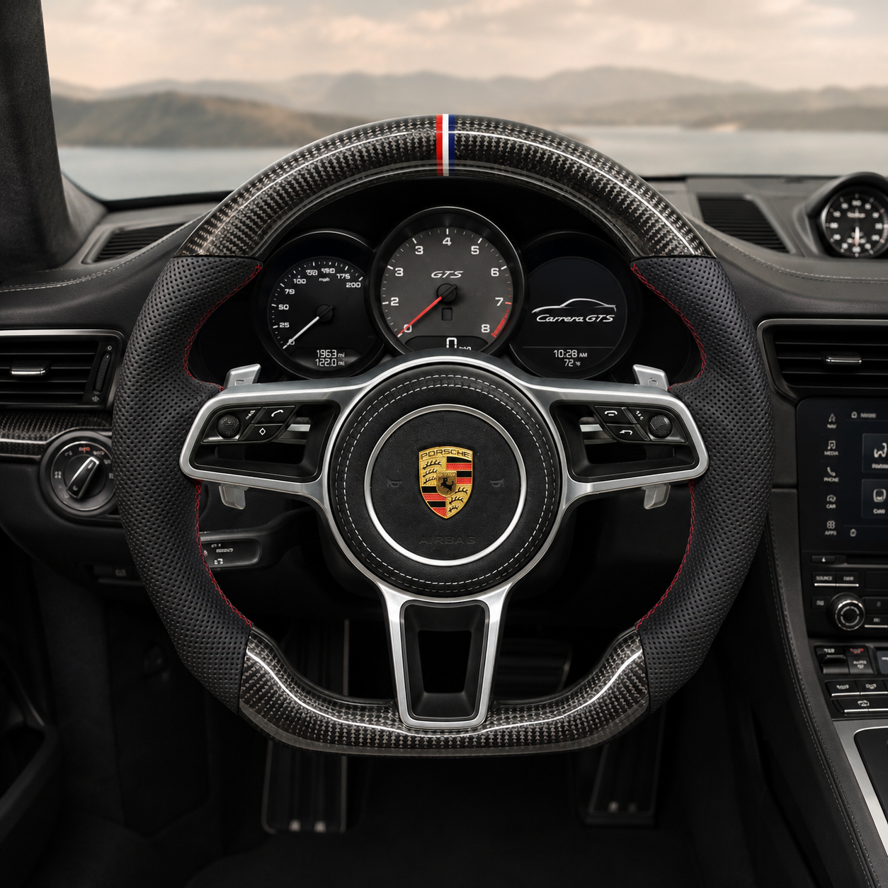 Porsche Carbon Fiber Steering Wheel with Tricolor Center Stripe Perforated Leather Grip and Sport Interior View for Panamera 970 971 2010 2024 Cayenne 958 2011 2017 CJ Mod Garage