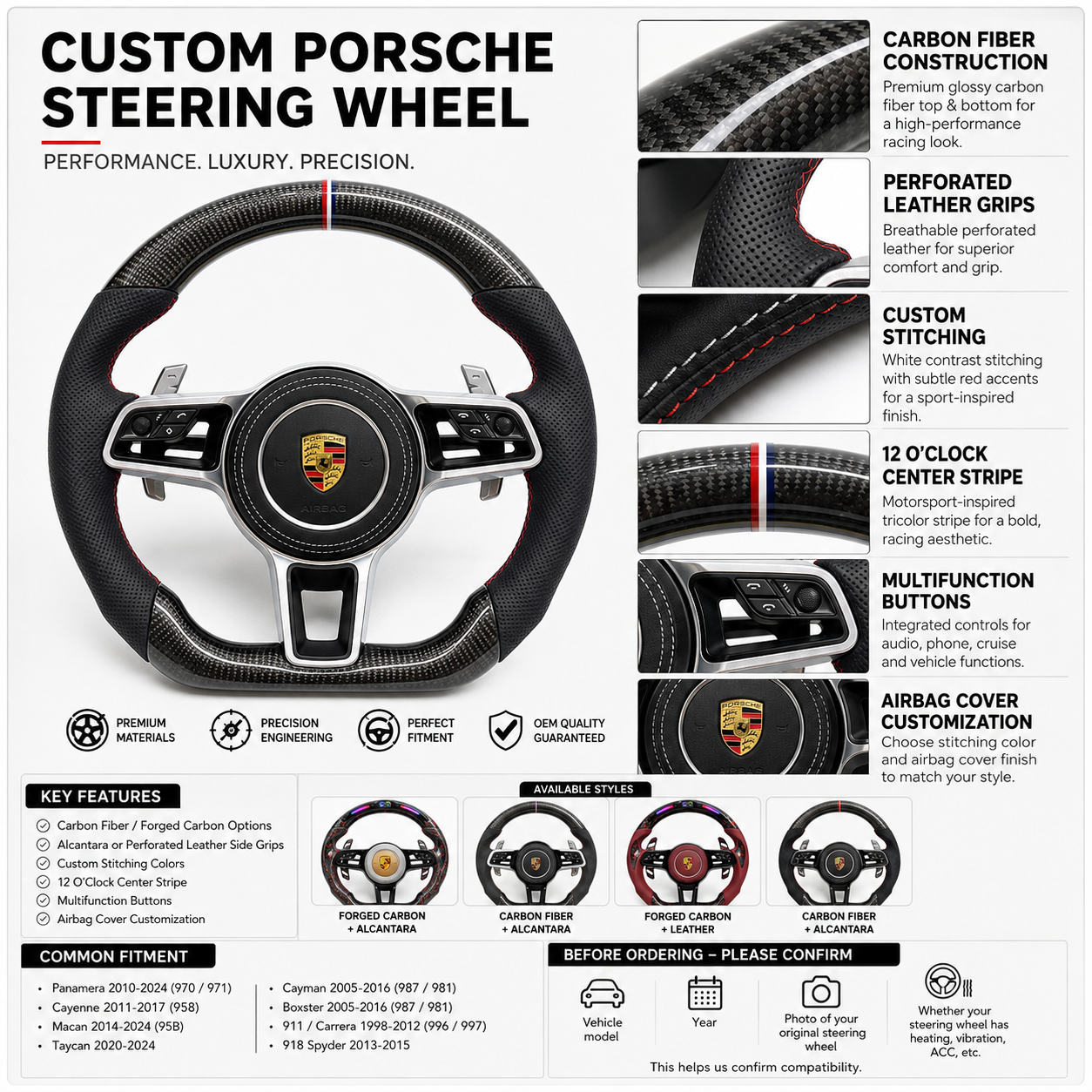Custom Porsche Steering Wheel with Carbon Fiber Construction Perforated Leather Side Grips Tricolor Marker and Multifunction Controls for Macan 95B 2014 2024 Taycan 2020 2024 CJ Mod Garage
