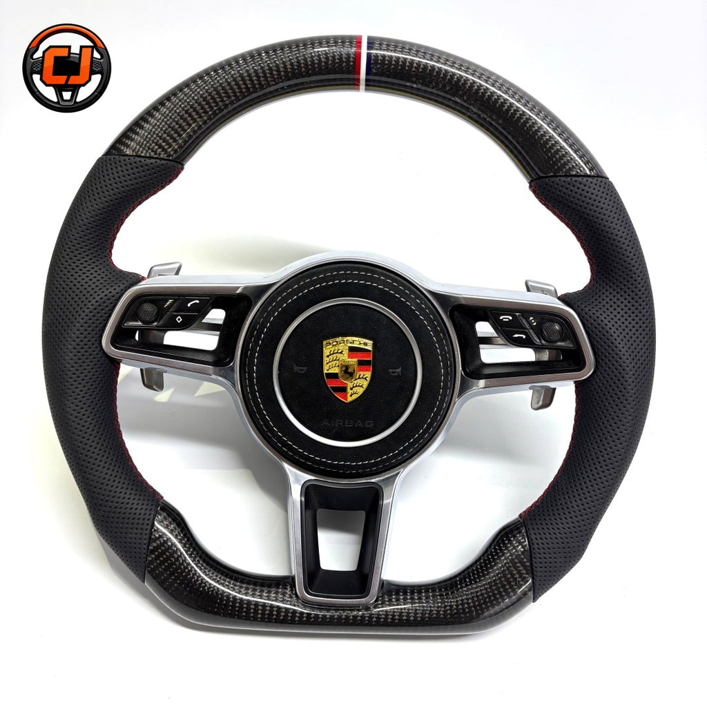Porsche Sport Steering Wheel with Carbon Fiber Top Bottom Sections Perforated Leather Grip and Paddle Shifters for Cayman 987 981 2005 2016 Boxster 987 981 2005 2016 CJ Mod Garage