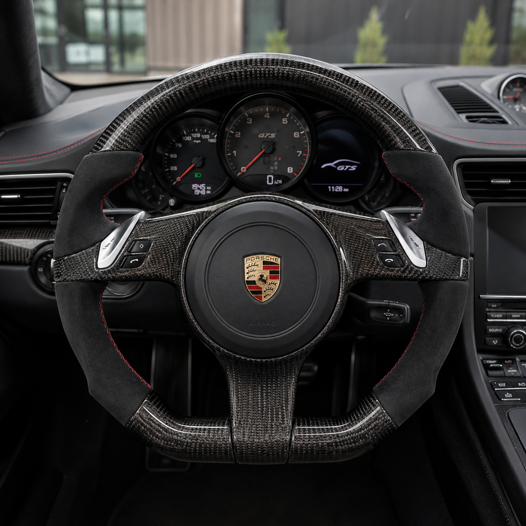 Porsche Carbon Fiber Steering Wheel with Alcantara Side Grips Red Stitching and Sport Paddle Shifters for Panamera 970 971 2010 2024 Macan 95B 2014 2024 CJ Mod Garage