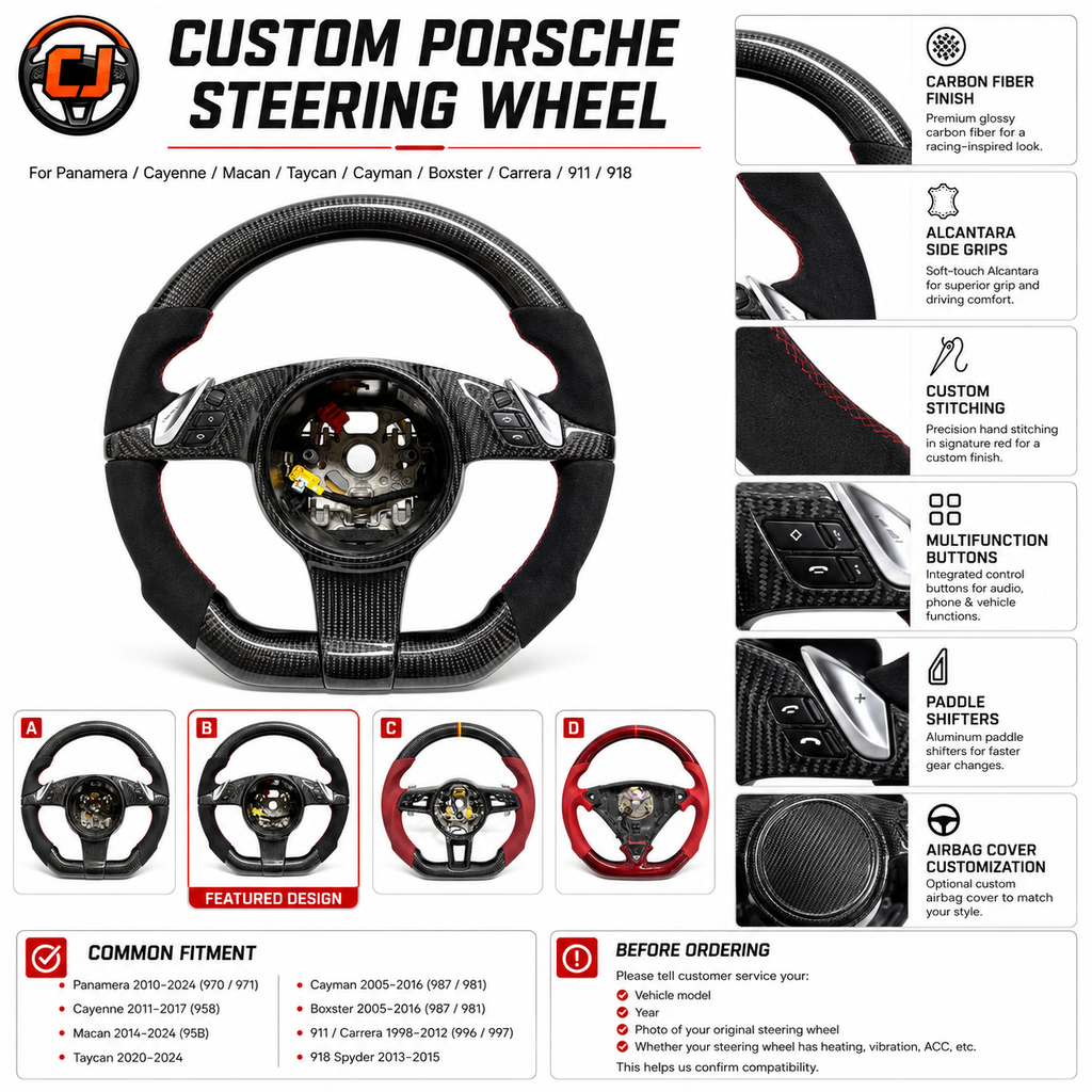 Custom Porsche Steering Wheel Carbon Fiber Build with Alcantara Grip Sections Multifunction Controls and Paddle Shifters for Cayenne 958 2011 2017 Taycan 2020 2024 CJ Mod Garage
