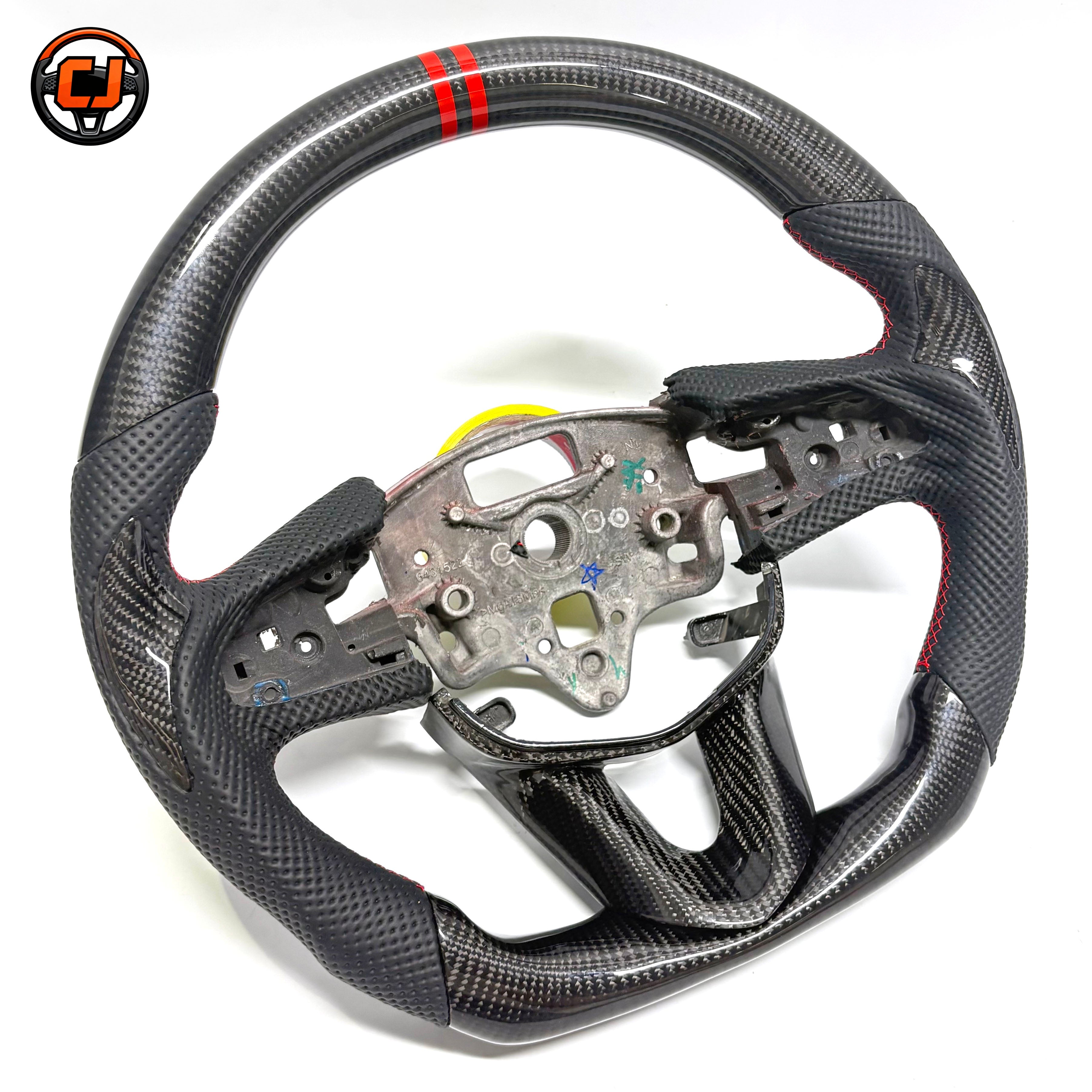 Cadillac CT4 CT5 carbon fiber steering wheel frame with perforated leather grips dual red 12 oclock stripe by CJ Mod Garage
