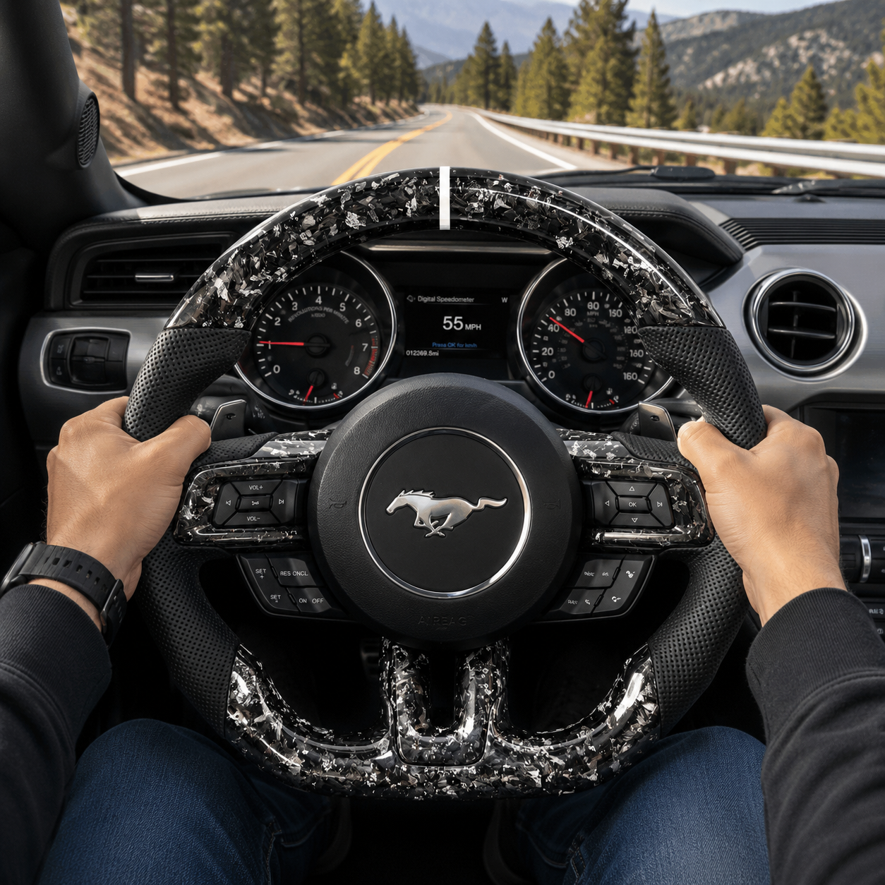 FOR Ford Mustang S550/GT 2015-2023 Carbon Fiber Steering Wheel - Silver Forged Carbon Fiber & Black Perforated Leather - CJ Mod Garage & Driving Scene Images