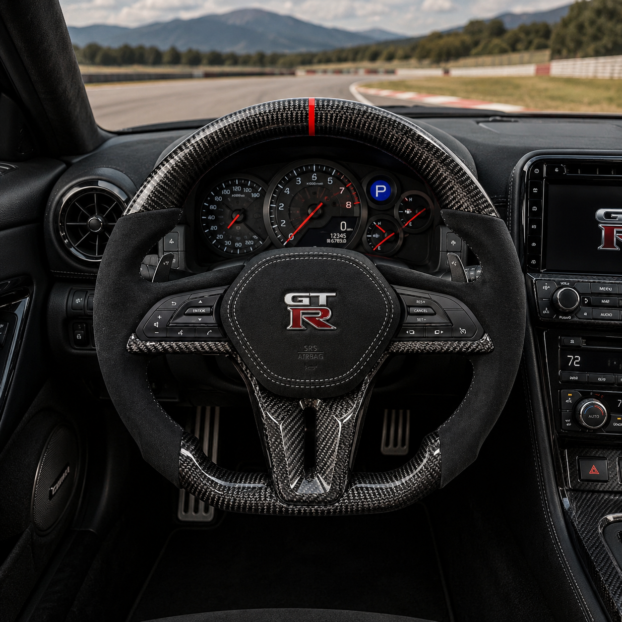 Nissan GT R R35 custom carbon fiber steering wheel with Alcantara grips red 12 oclock stripe and OEM multifunction button compatibility by CJ Mod Garage