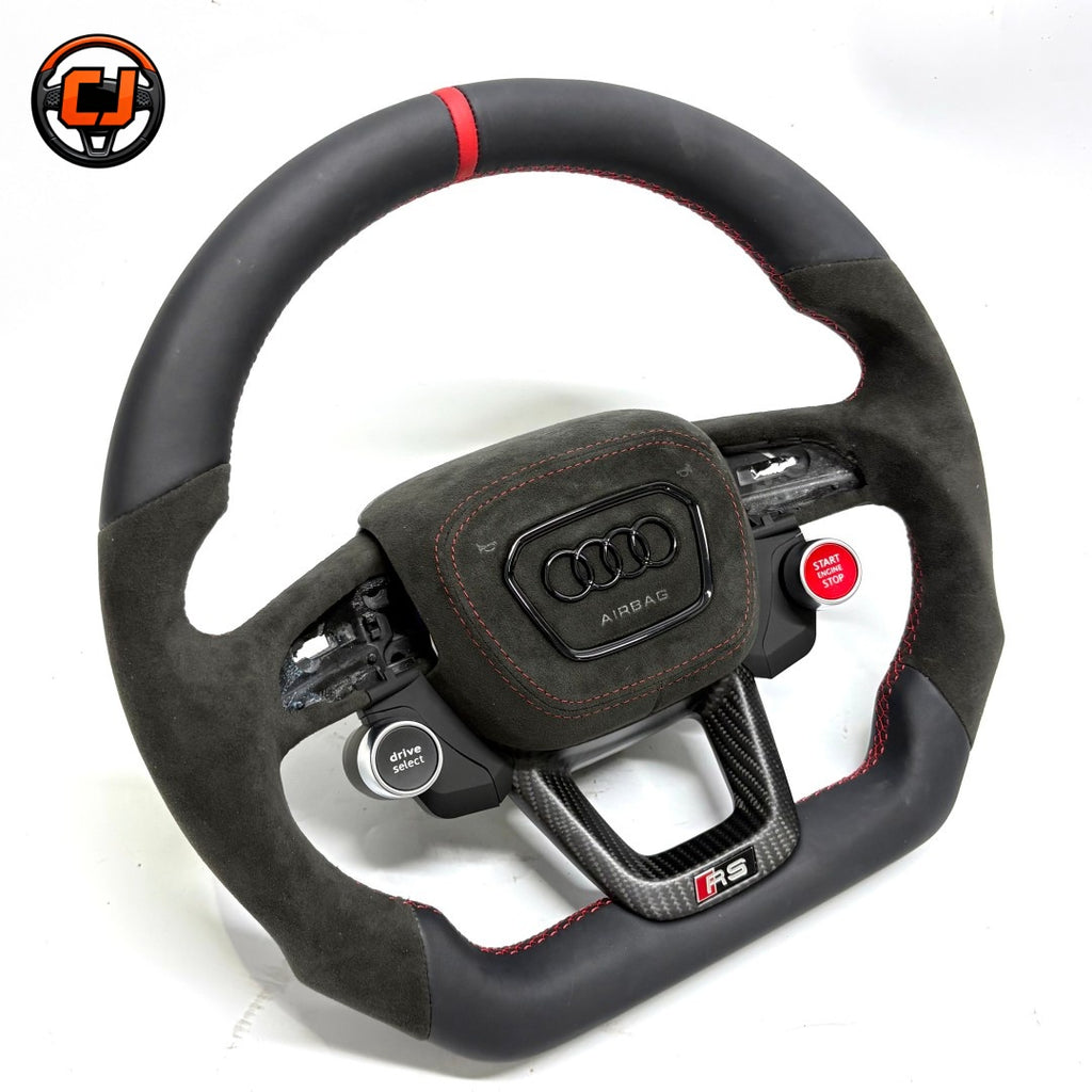 Audi Q5 SQ5 custom flat bottom steering wheel product view with black smooth leather Alcantara red stitching carbon fiber lower trim fits 2018 to 2025 models