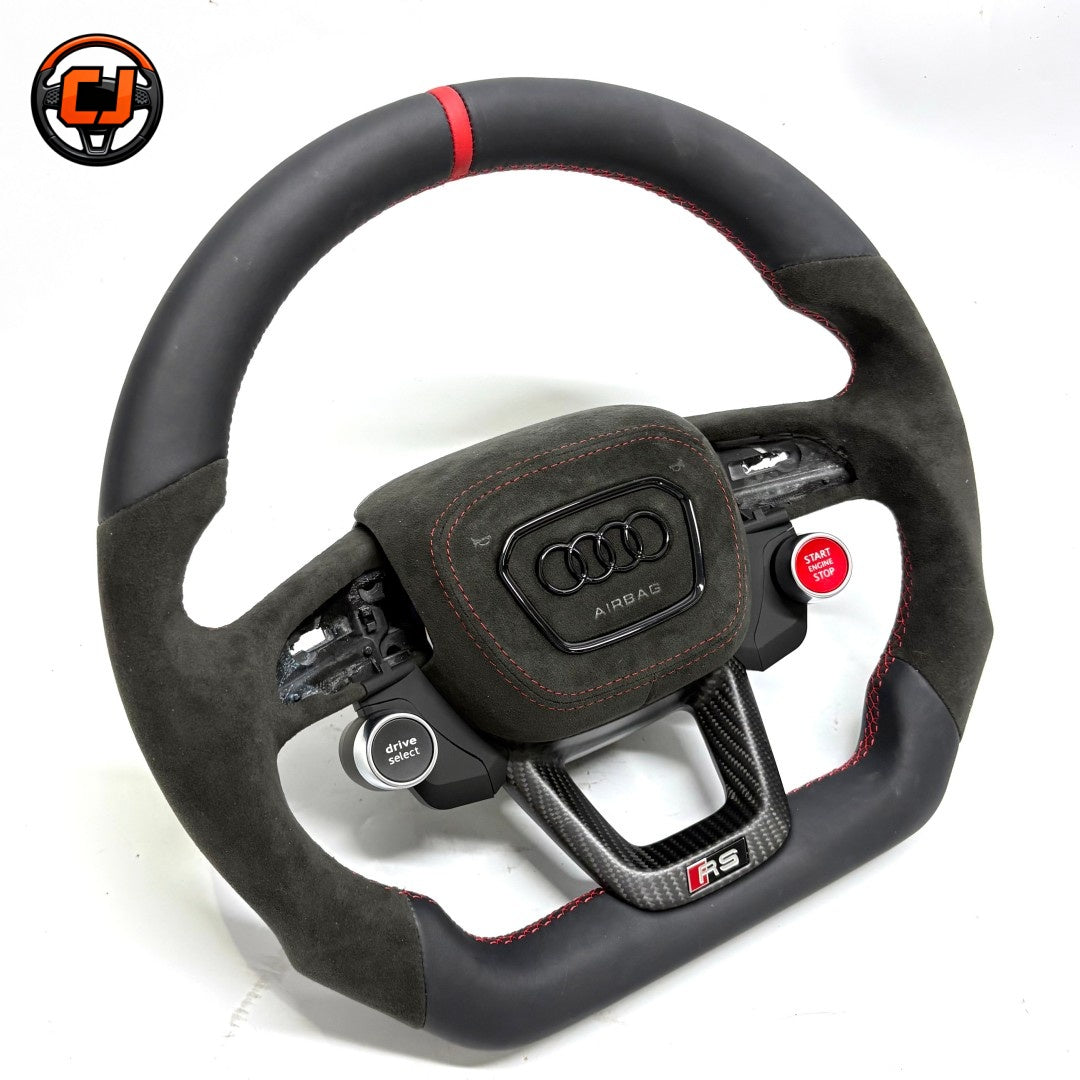 Audi Q5 SQ5 custom flat bottom steering wheel product view with black smooth leather Alcantara red stitching carbon fiber lower trim fits 2018 to 2025 models