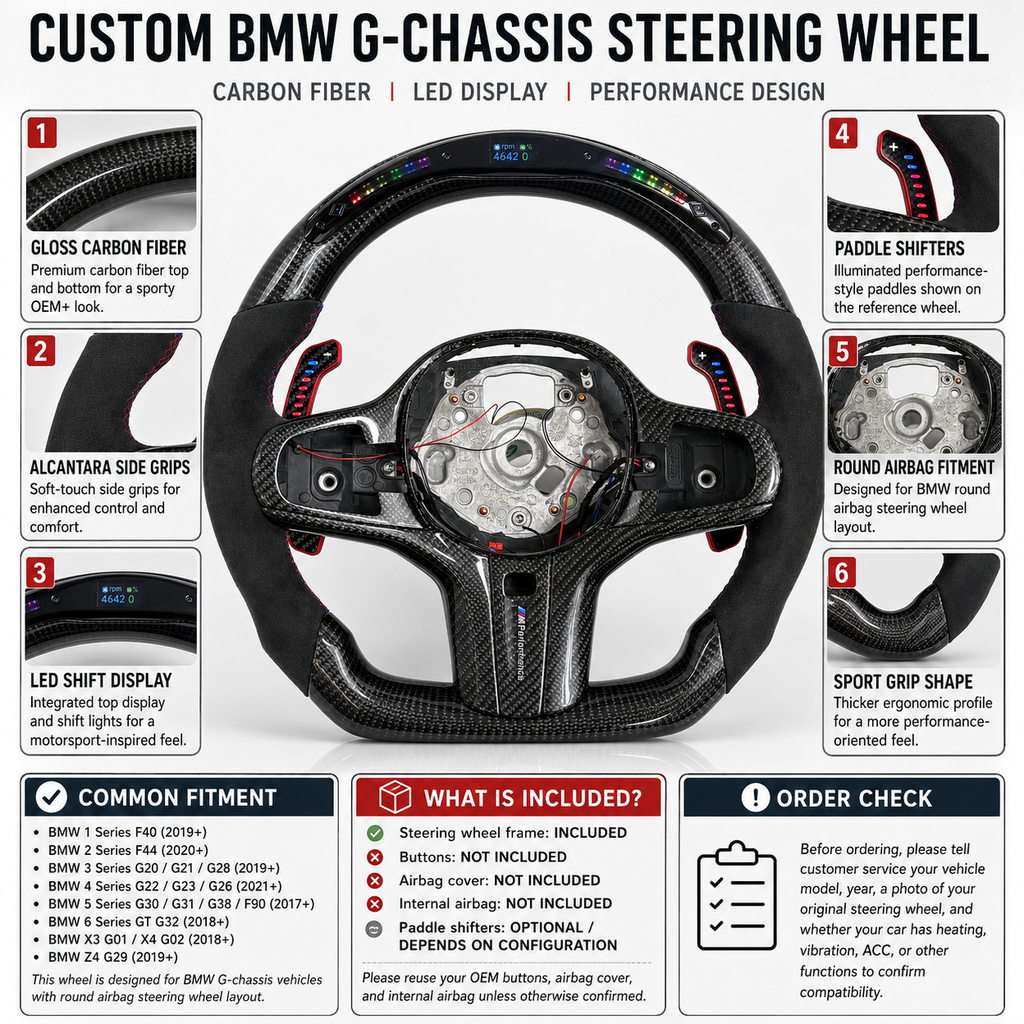 Custom BMW G-chassis carbon fiber steering wheel with LED shift display, Alcantara side grips, illuminated paddle shifters, round airbag fitment, and performance sport grip design compatible with BMW G02 G05 G06 G09 G11 G12 G15 G20 G22 G28 G29 G30 G38 G80 G82 F40 F90