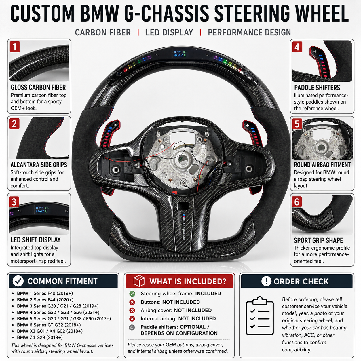Custom BMW G-chassis carbon fiber steering wheel with LED shift display, Alcantara side grips, illuminated paddle shifters, round airbag fitment, and performance sport grip design compatible with BMW G02 G05 G06 G09 G11 G12 G15 G20 G22 G28 G29 G30 G38 G80 G82 F40 F90