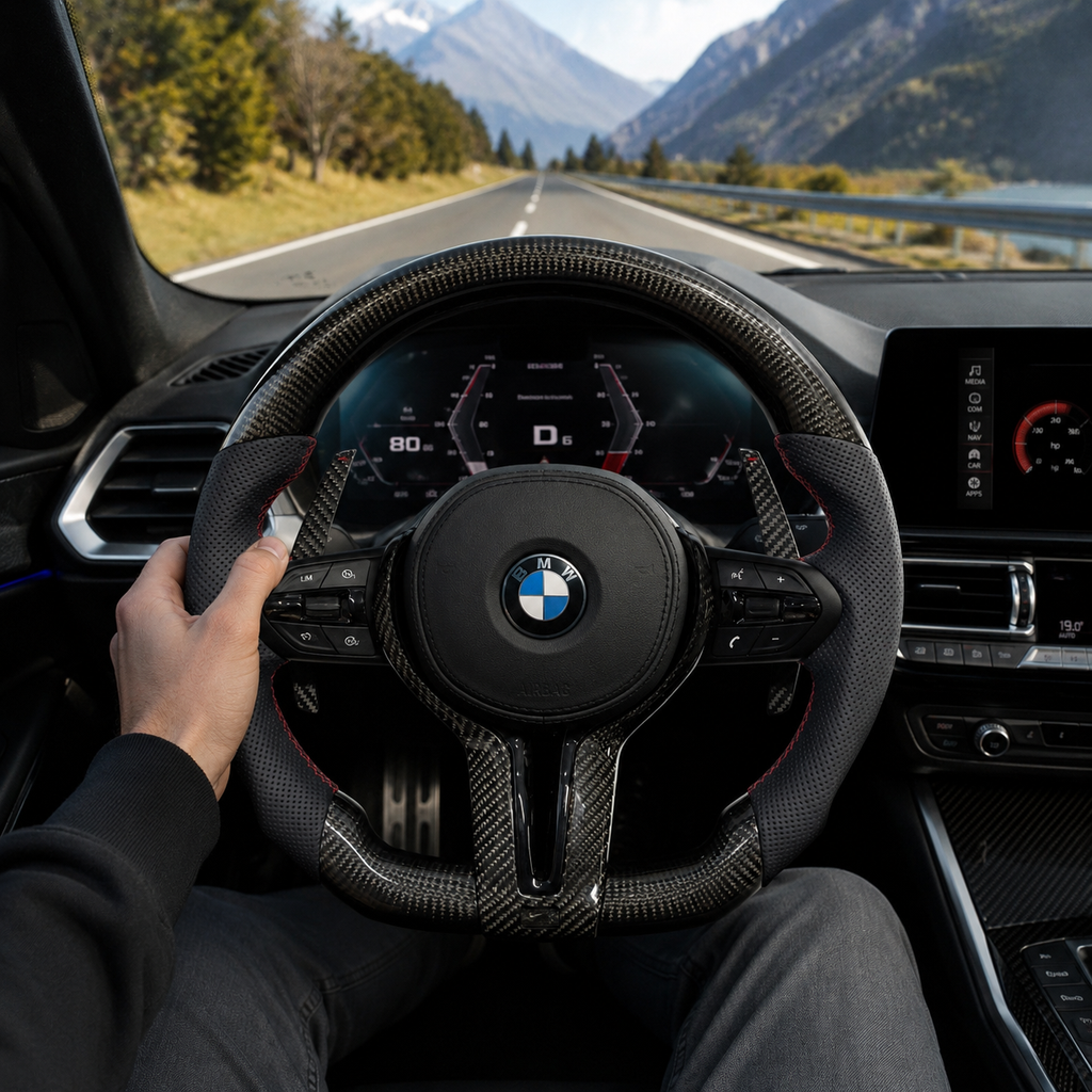 BMW E90 E92 E93 carbon fiber steering wheel installed in vehicle interior