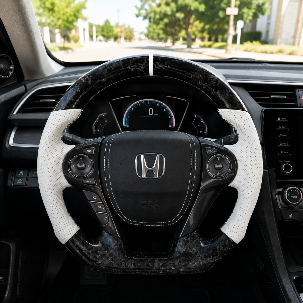 Custom Honda Civic Accord forged carbon fiber steering wheel with white perforated leather grips and OEM airbag cover installed by CJ Mod Garage