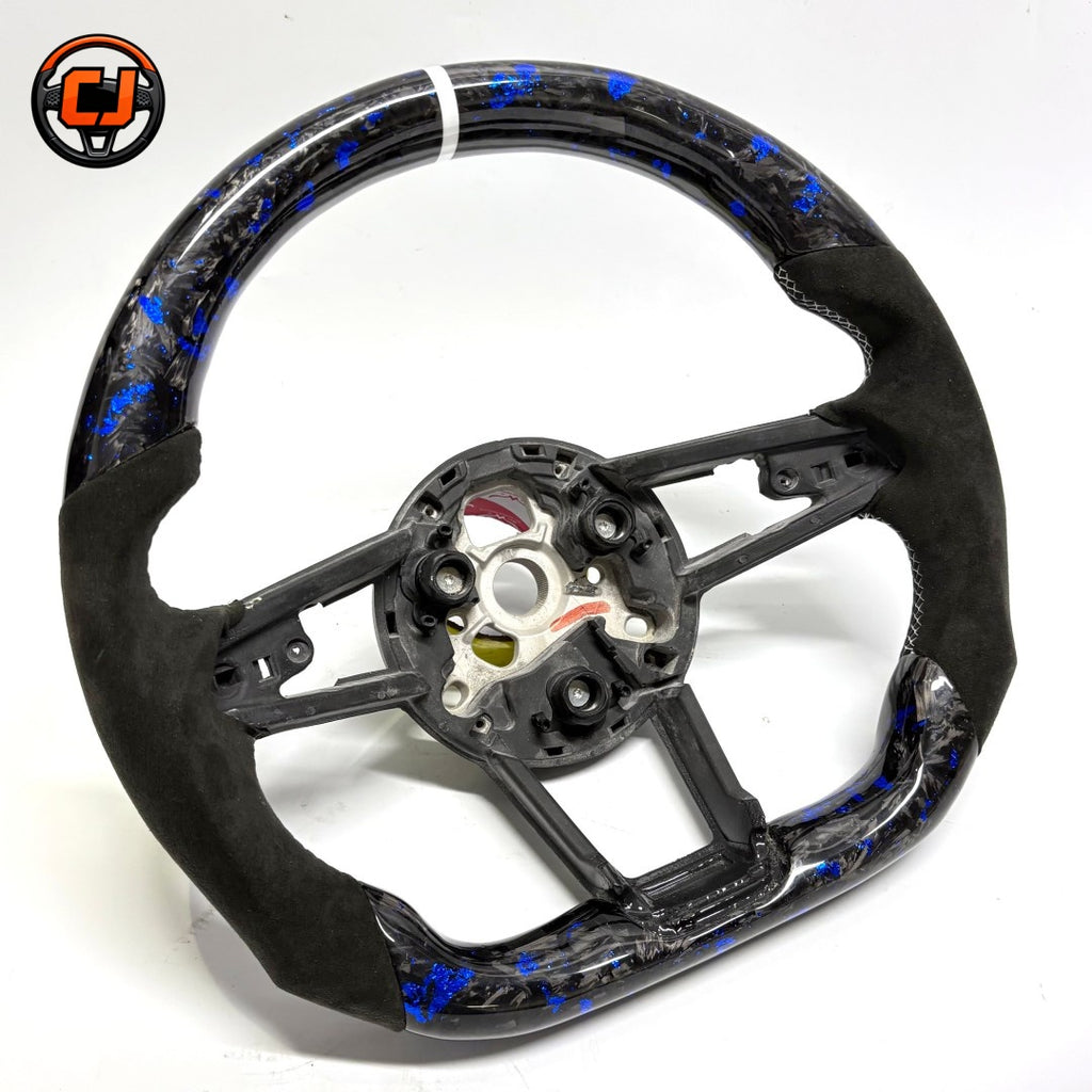 Audi R8 custom steering wheel frame with blue forged carbon fiber black Alcantara grips white center stripe and flat bottom design