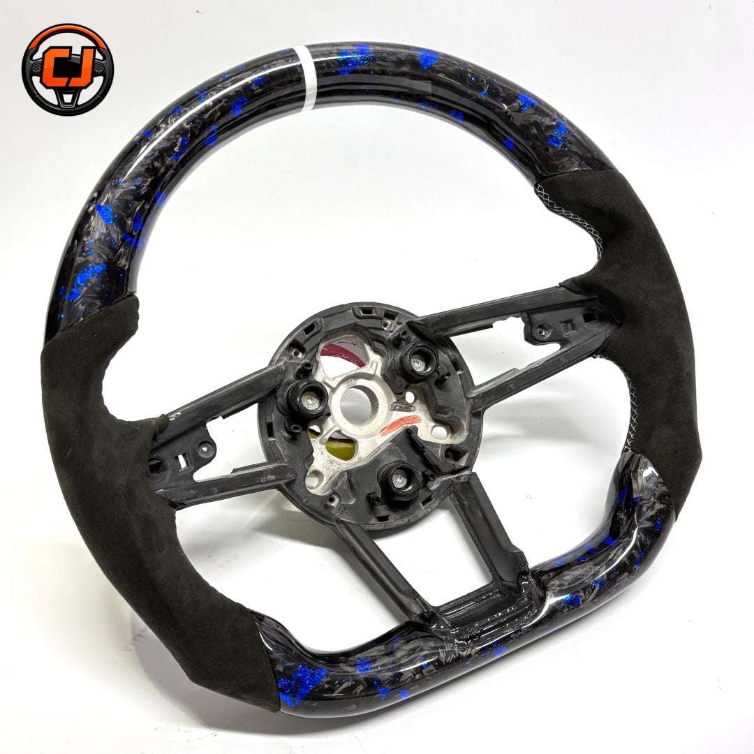 Audi R8 custom steering wheel frame with blue forged carbon fiber black Alcantara grips white center stripe and flat bottom design