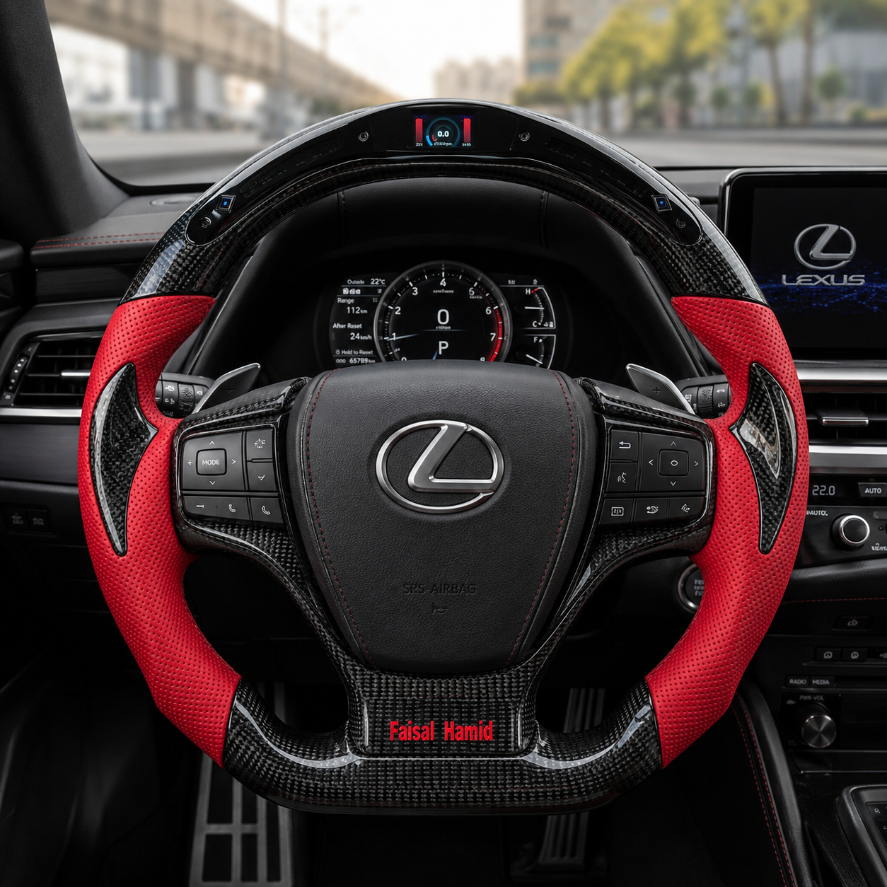 Custom Lexus F Sport Steering Wheel Installed In Interior Featuring Carbon Fiber LED Display And Red Leather Grips For Lexus IS 2014 2020 RC 2015 2020 GS 2013 2020 NX 2015 2021 CJ Mod Garage
