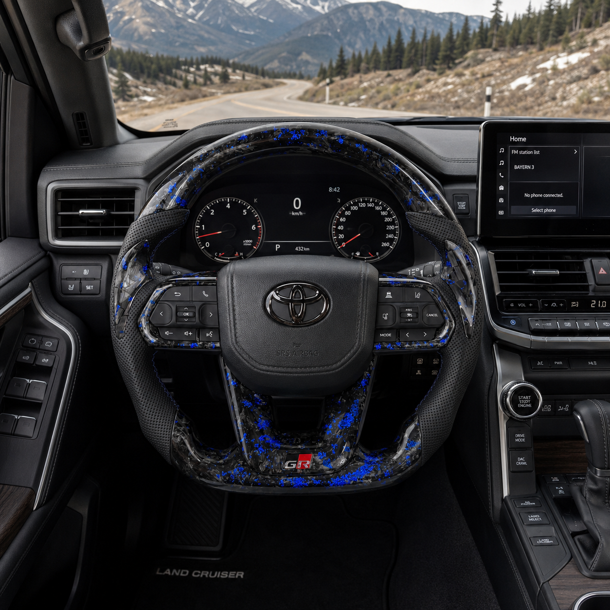 Toyota Land Cruiser LC300 forged carbon style steering wheel with blue flake carbon finish perforated leather grips and GR sport inspired design by CJ Mod Garage