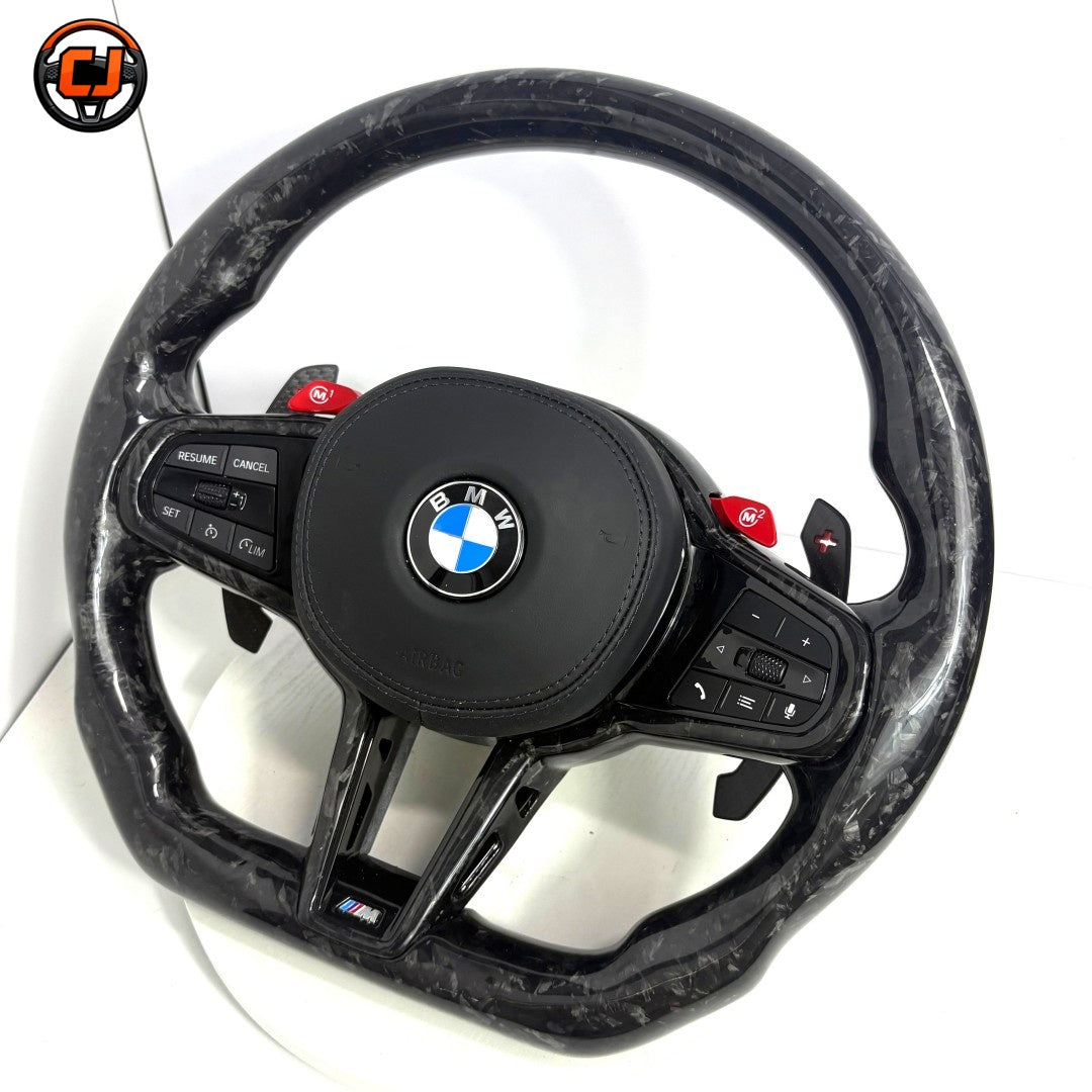 BMW G Series and F Series forged carbon smooth leather steering wheel with red M buttons by CJ Mod Garage