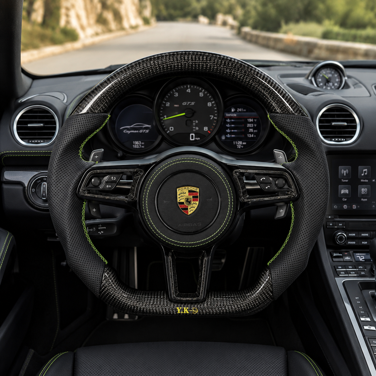 Custom Porsche Carbon Fiber Steering Wheel Installed Interior View for Panamera 970 971 2010 2024 Cayenne 958 2011 2017 Macan 95B 2014 2024 Cayman Boxster 987 981 2005 2016 CJ Mod Garage