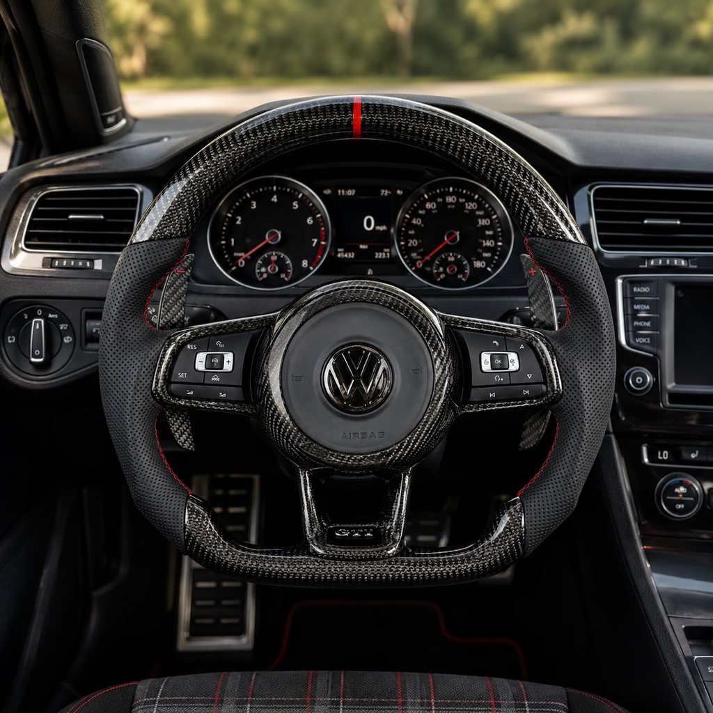 VW Golf GTI Mk7 Mk7 5 2013 to 2020 carbon fiber flat bottom steering wheel interior view CJ Mod Garage
