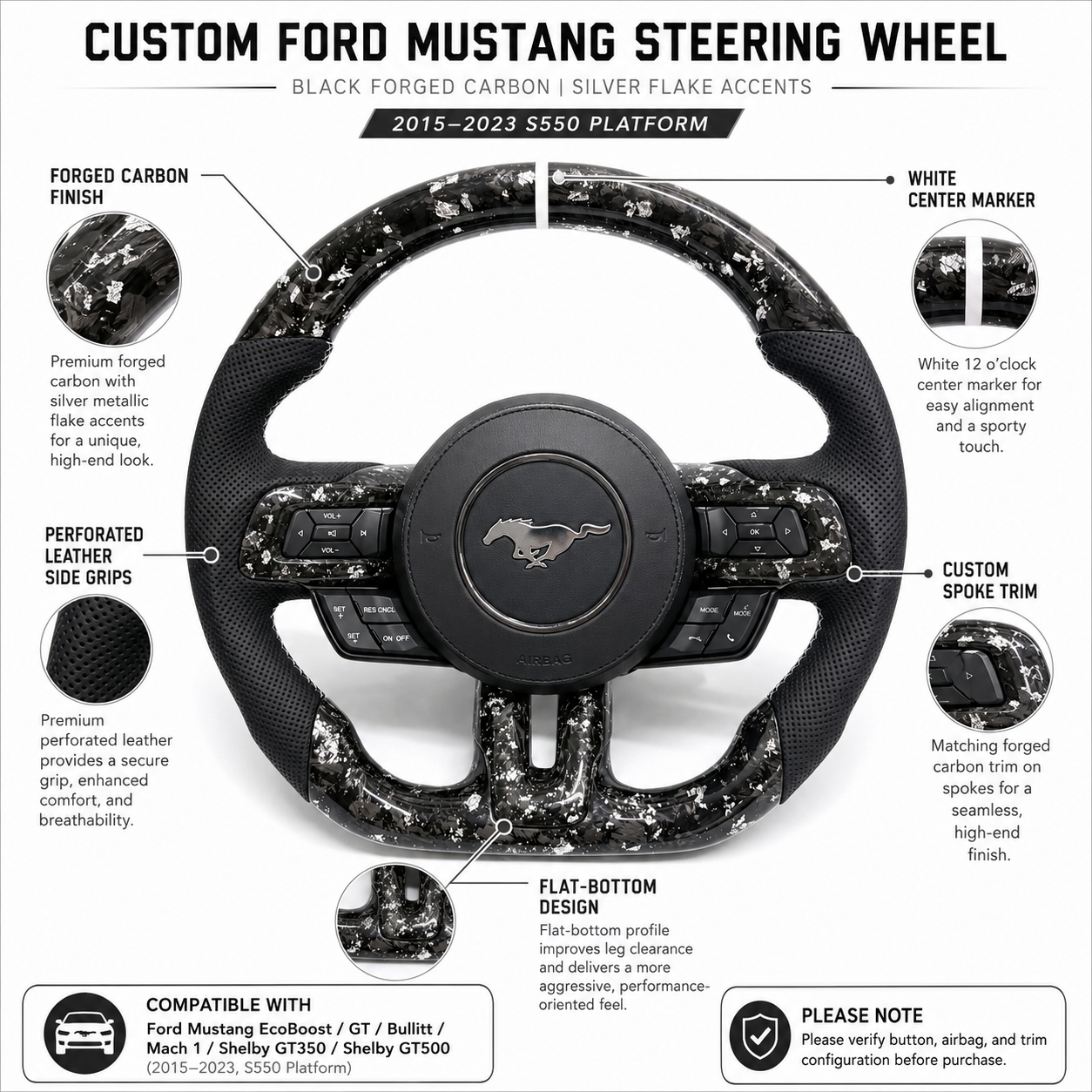 FOR Ford Mustang S550/GT 2015-2023 Carbon Fiber Steering Wheel - Silver Forged Carbon Fiber & Black Perforated Leather - CJ Mod Garage &