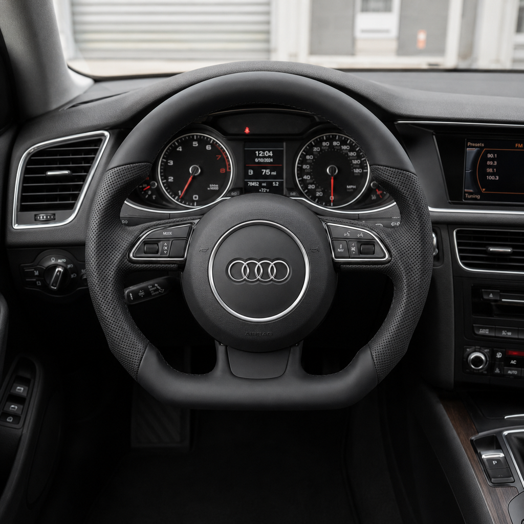 Audi B8 smooth perforated leather steering wheel installed in car interior - driver perspective