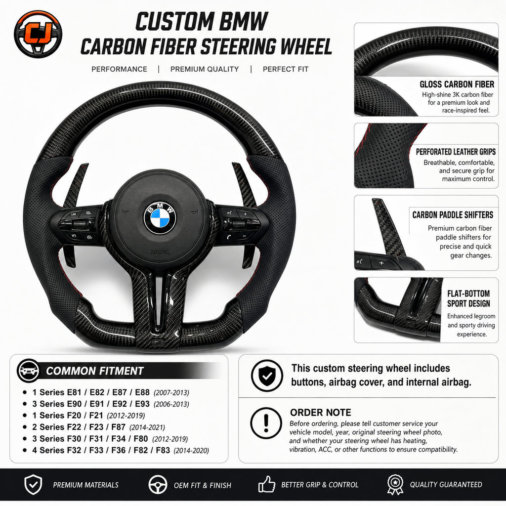 Custom BMW F Series E90 E92 E93 flat bottom carbon fiber steering wheel with paddle shifters