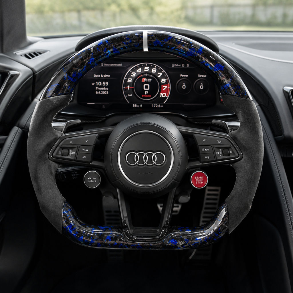 Audi R8 custom steering wheel installed in cockpit with blue forged carbon fiber black Alcantara grips multifunction buttons and round airbag cover