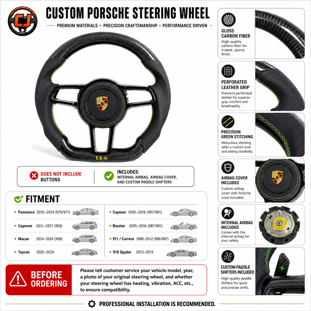 Custom Porsche Steering Wheel Gloss Carbon Fiber Green Contrast Stitching Airbag Cover Included for Taycan 2020 2024 Cayman Boxster 987 981 911 Carrera 996 997 CJ Mod Garage
