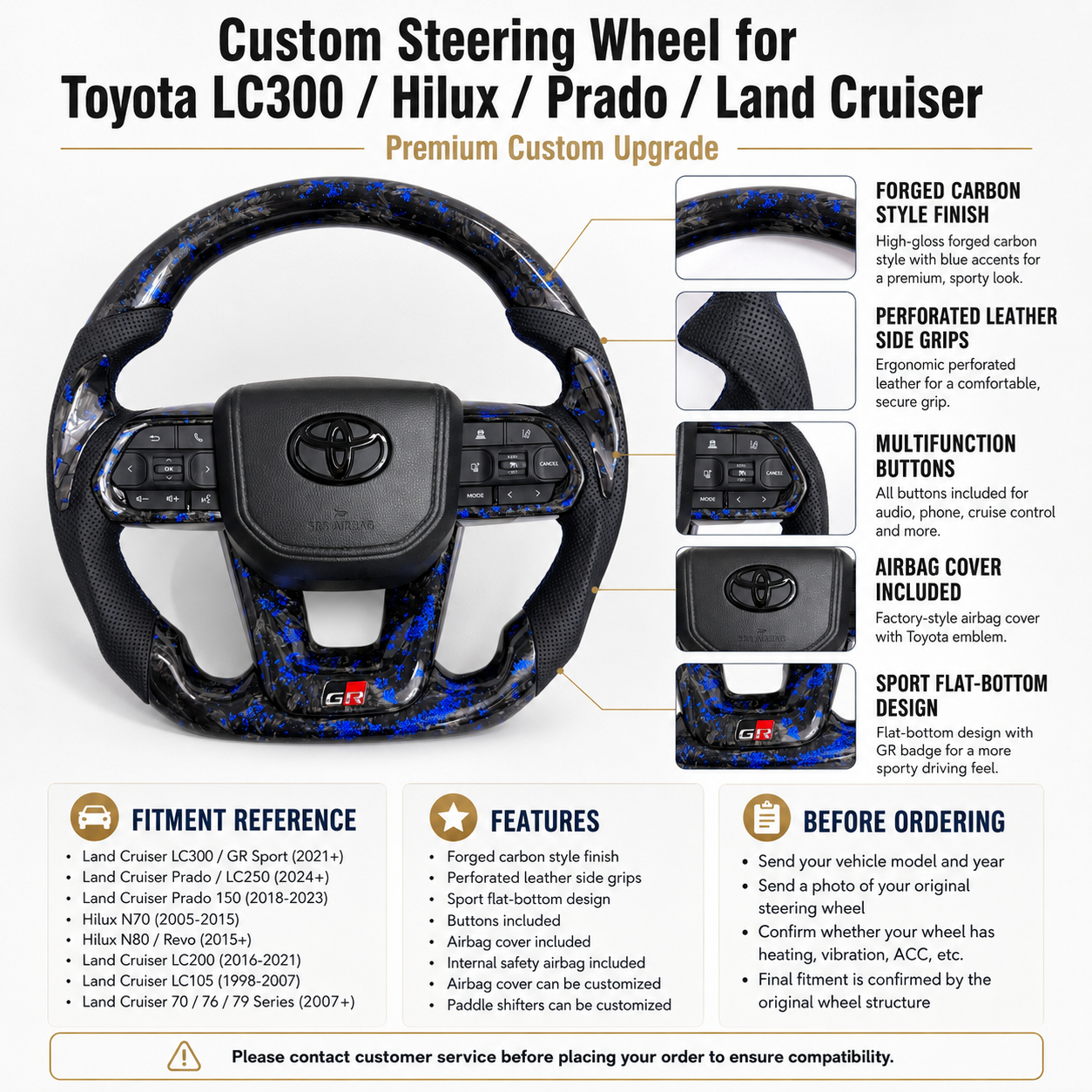 Custom Toyota LC300 Prado Hilux Land Cruiser steering wheel featuring blue forged carbon style material leather side grips and integrated control buttons by CJ Mod Garage