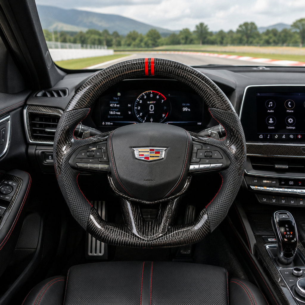 Cadillac CT4 CT5 carbon fiber steering wheel installed with perforated leather red stitching and sport flat bottom by CJ Mod Garage