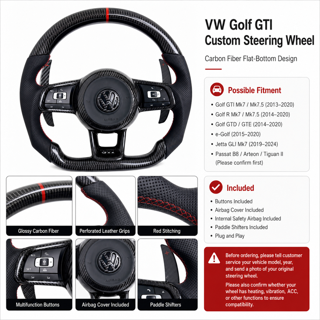 VW Golf GTI Mk7 2013 to 2020 custom carbon fiber steering wheel details with buttons and paddles CJ Mod Garage