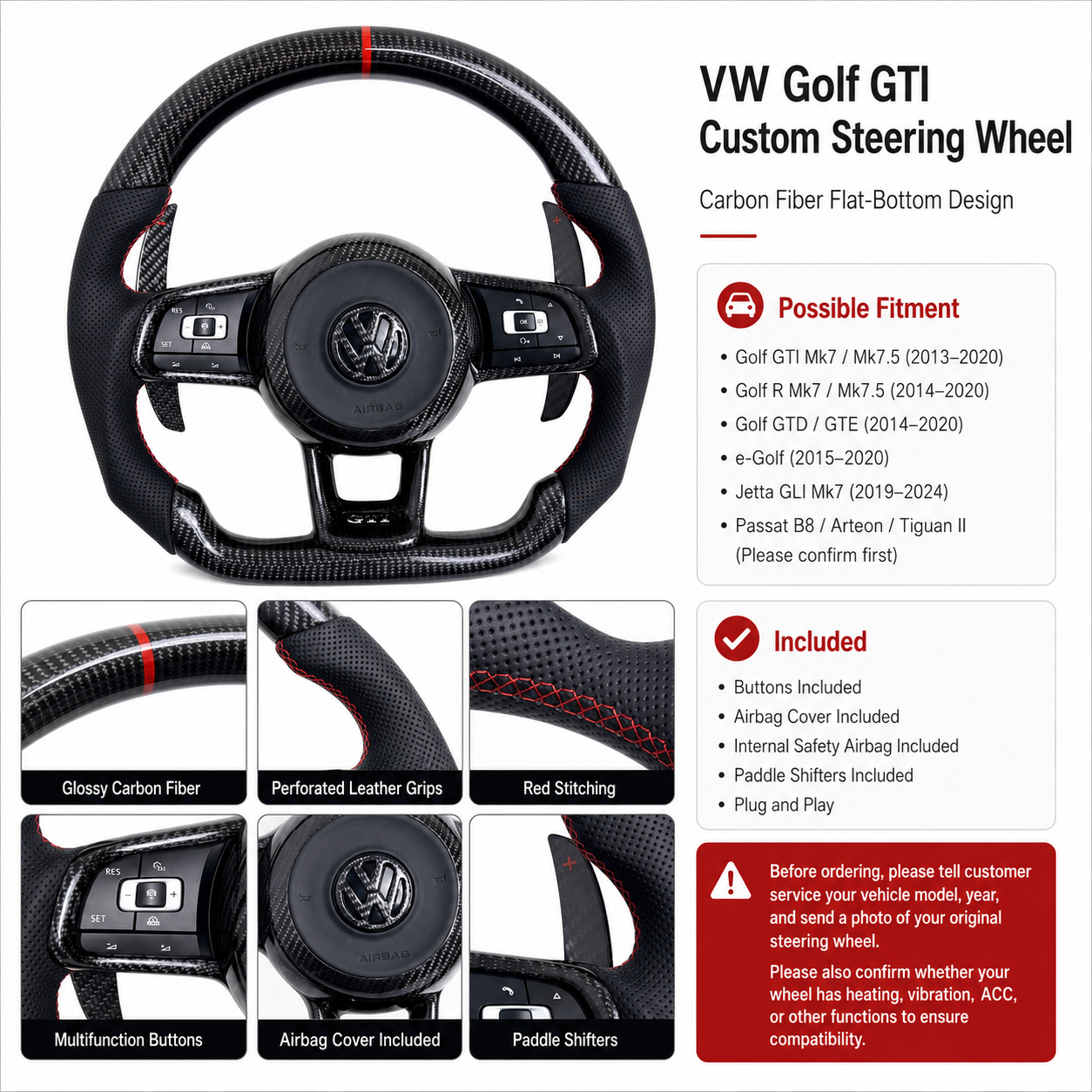 VW Golf GTI Mk7 2013 to 2020 custom carbon fiber steering wheel details with buttons and paddles CJ Mod Garage