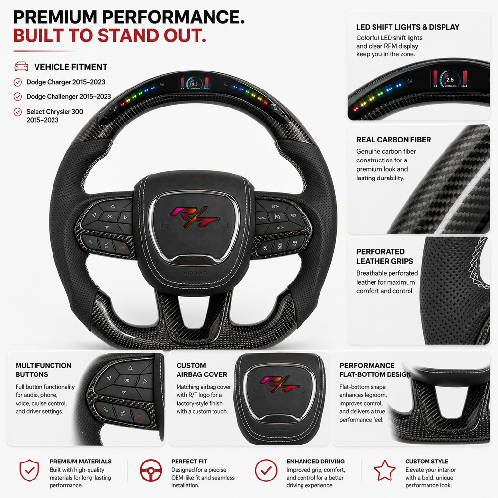 For Dodge Charger, Challenger, Hellcat Charger, Durango SRT, RT GT 2015-2023 Carbon Fiber Steering Wheel - CJ Mod Garage 1