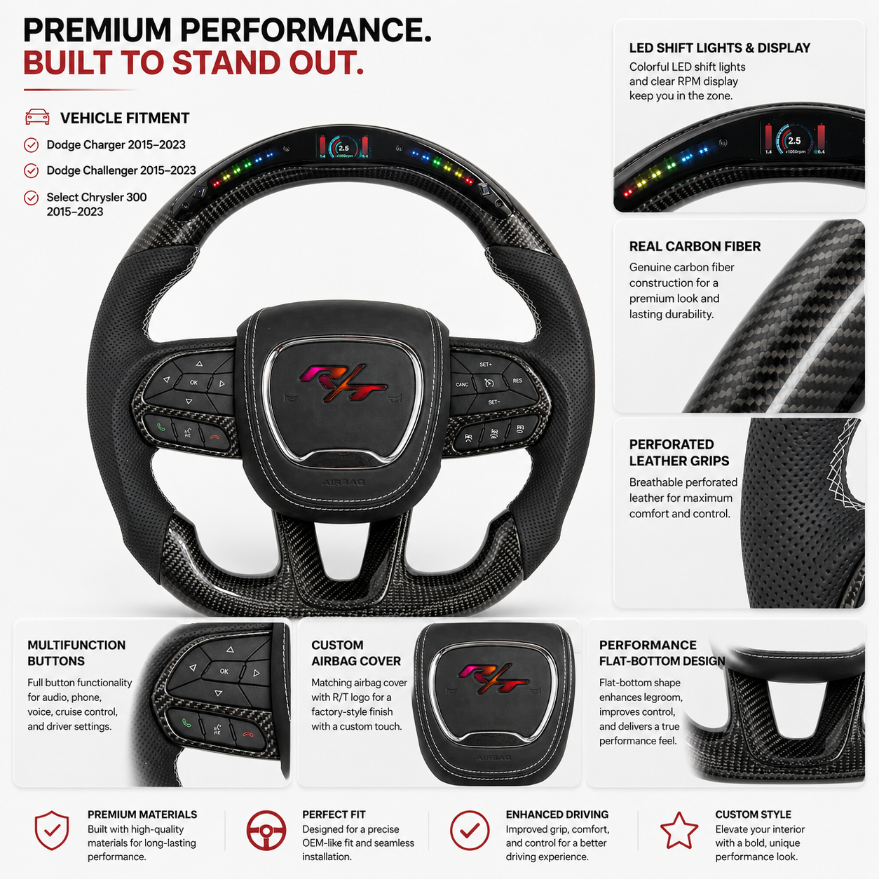 For Dodge Charger, Challenger, Hellcat Charger, Durango SRT, RT GT 2015-2023 Carbon Fiber Steering Wheel - CJ Mod Garage 1