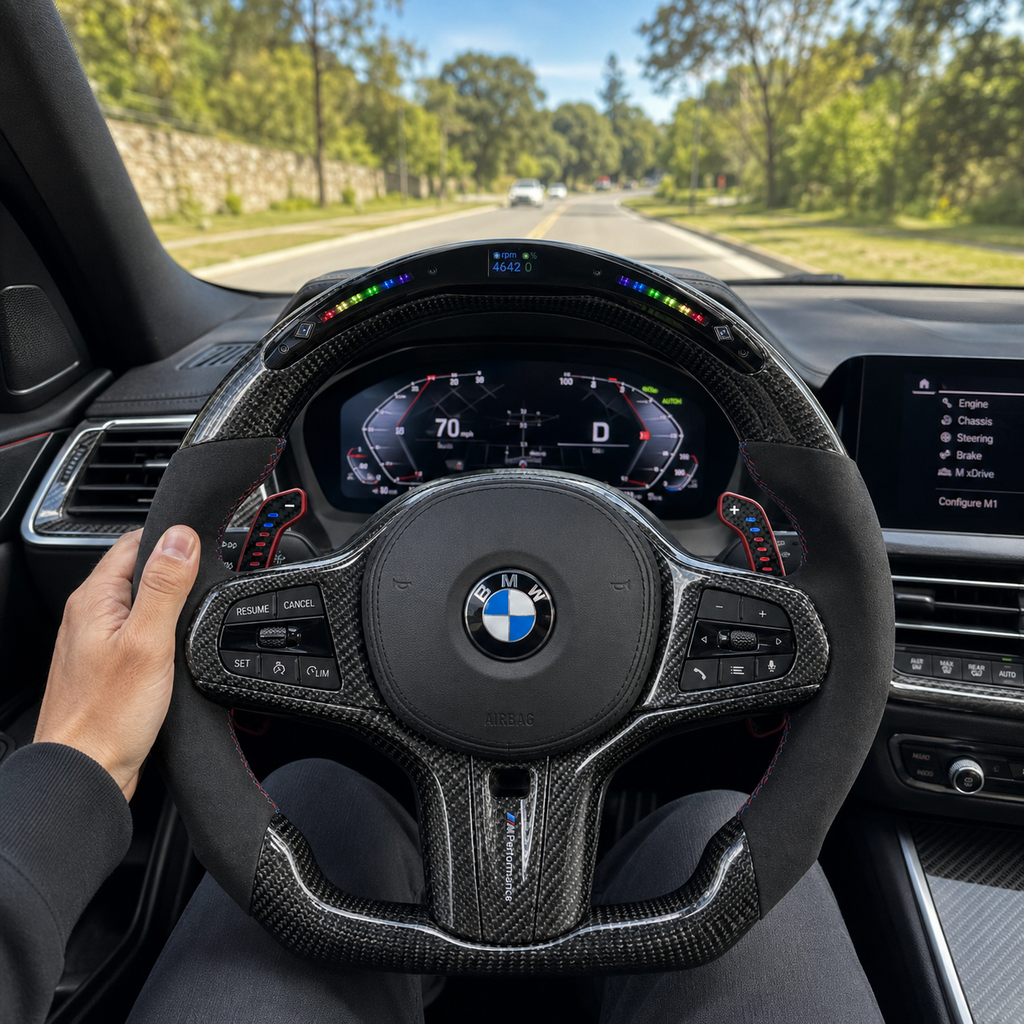 BMW G-chassis custom carbon fiber steering wheel with integrated LED RPM display, Alcantara grips, illuminated paddle shifters, and round airbag cover installed in BMW G02 G05 G06 G09 G11 G12 G15 G20 G22 G28 G29 G30 G38 G80 G82 F40 F90 interior driving scene