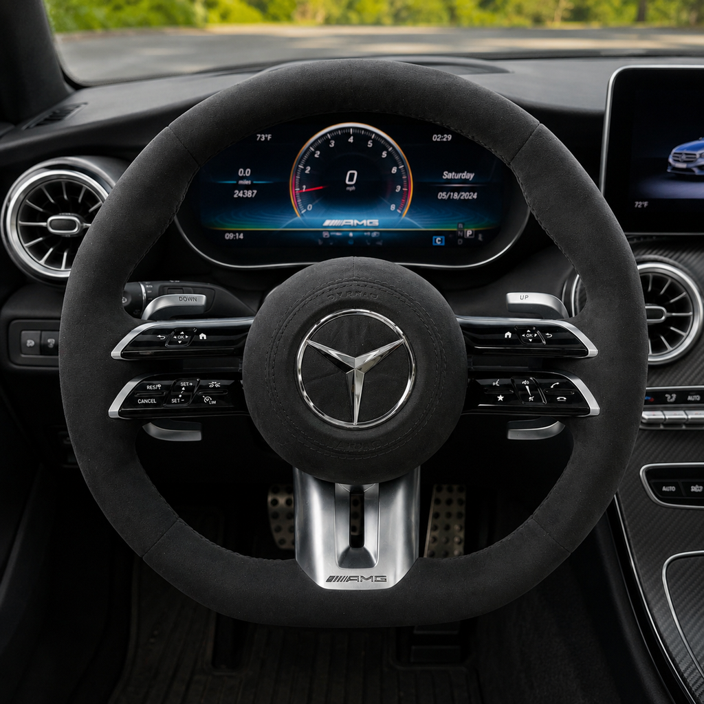 Mercedes AMG C43 C63 C200 C300 2015-2021 suede Dragonfly steering wheel in cabin by CJ Mod Garage