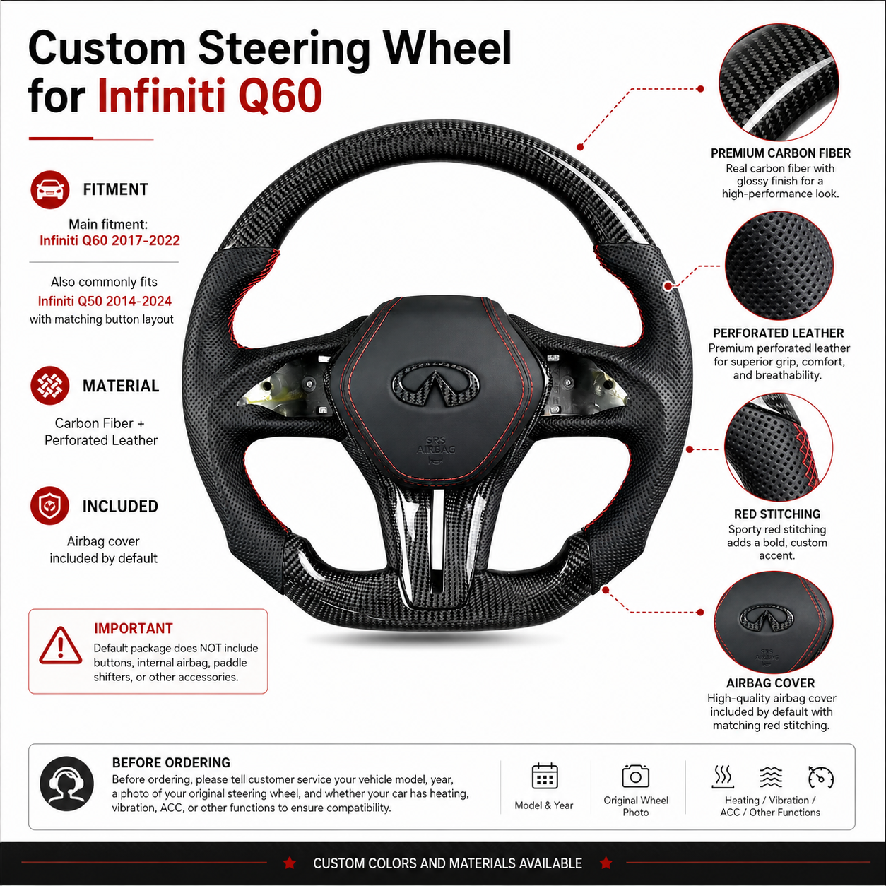 Custom Infiniti Q50 Q60 carbon fiber steering wheel featuring perforated leather hand grips airbag cover and OEM style fitment by CJ Mod Garage