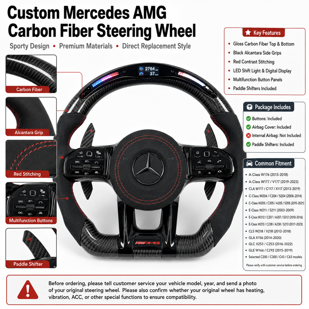Custom Mercedes AMG steering wheel with glossy carbon fiber, multifunction buttons and LED RPM display for W176 W177 W204 W212 W213 C200 C300 by CJ Mod Garage