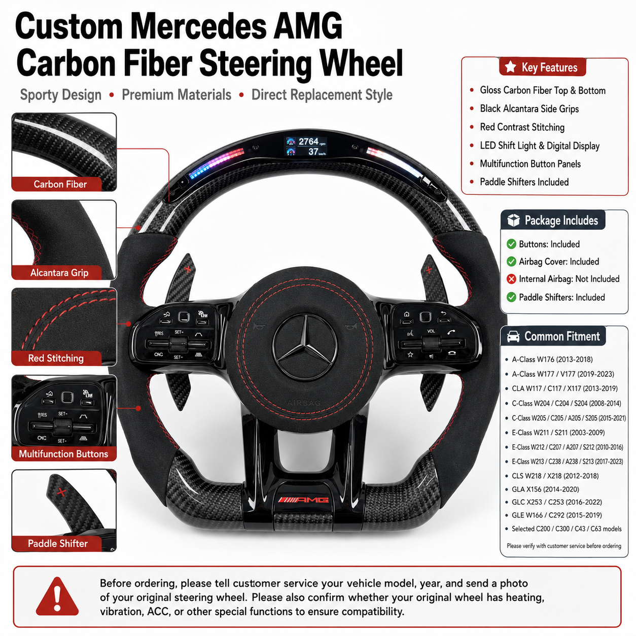 Custom Mercedes AMG steering wheel with glossy carbon fiber, multifunction buttons and LED RPM display for W176 W177 W204 W212 W213 C200 C300 by CJ Mod Garage