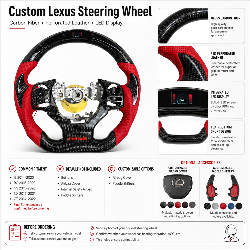 Custom Lexus Steering Wheel Carbon Fiber Red Perforated Leather LED Screen Flat Bottom Style Compatible With Lexus IS 2014 2020 RC 2015 2020 GS 2013 2020 NX 2015 2021 CT 2014 2022 CJ Mod Garage
