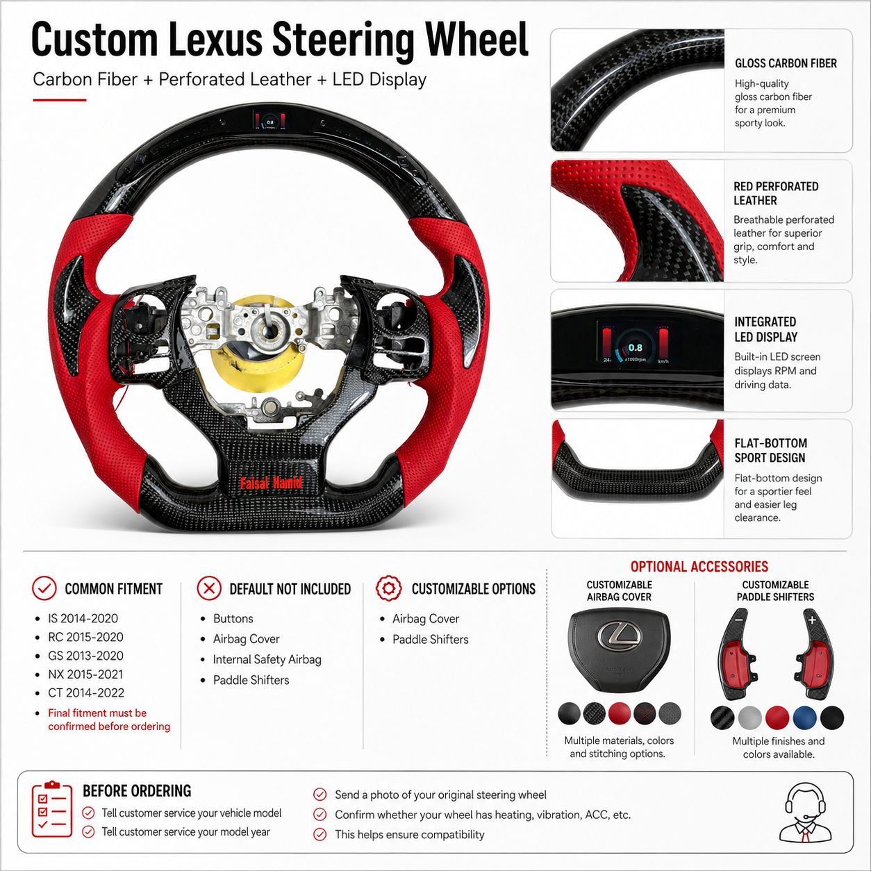 Custom Lexus Steering Wheel Carbon Fiber Red Perforated Leather LED Screen Flat Bottom Style Compatible With Lexus IS 2014 2020 RC 2015 2020 GS 2013 2020 NX 2015 2021 CT 2014 2022 CJ Mod Garage
