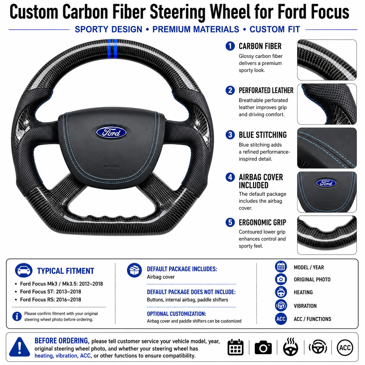 Ford Focus ST RS carbon fiber steering wheel featuring gloss carbon weave, perforated leather sections, blue contrast stitching and included airbag cover by CJ Mod Garage