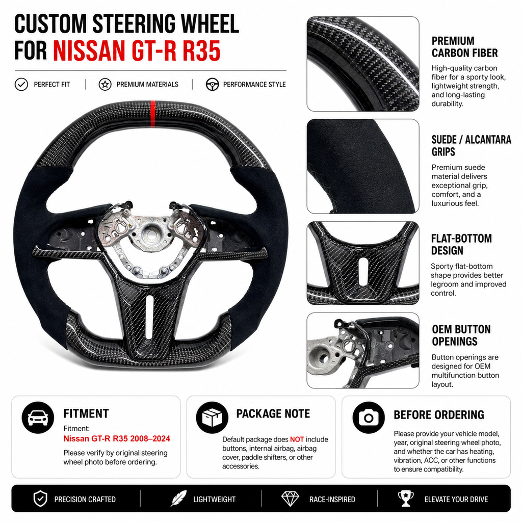 Nissan GT R R35 custom carbon fiber steering wheel with premium Alcantara leather grips red center marker and race inspired flat bottom profile by CJ Mod Garage