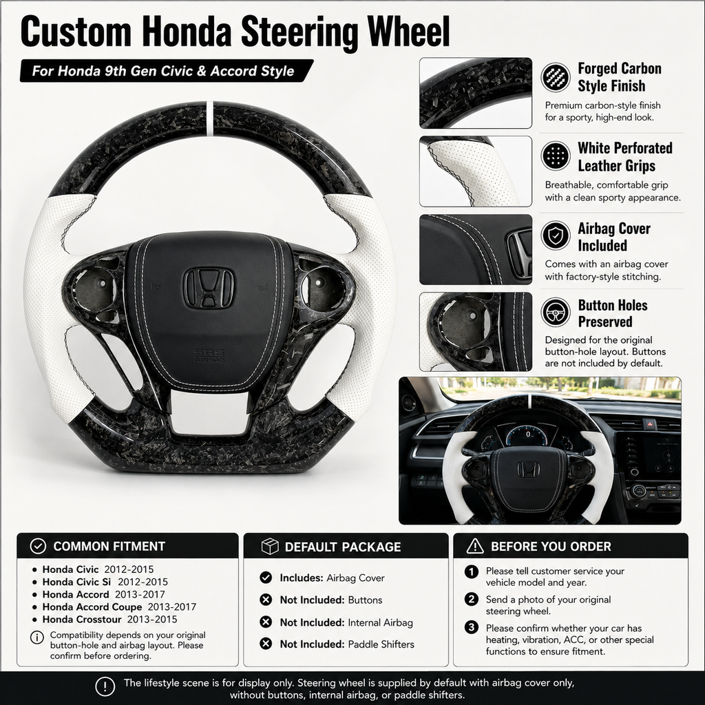 Honda Civic 9th Gen Accord custom forged carbon steering wheel featuring white perforated leather sides and sport style finish by CJ Mod Garage