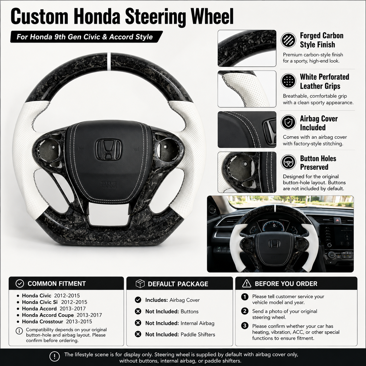 Honda Civic 9th Gen Accord custom forged carbon steering wheel featuring white perforated leather sides and sport style finish by CJ Mod Garage