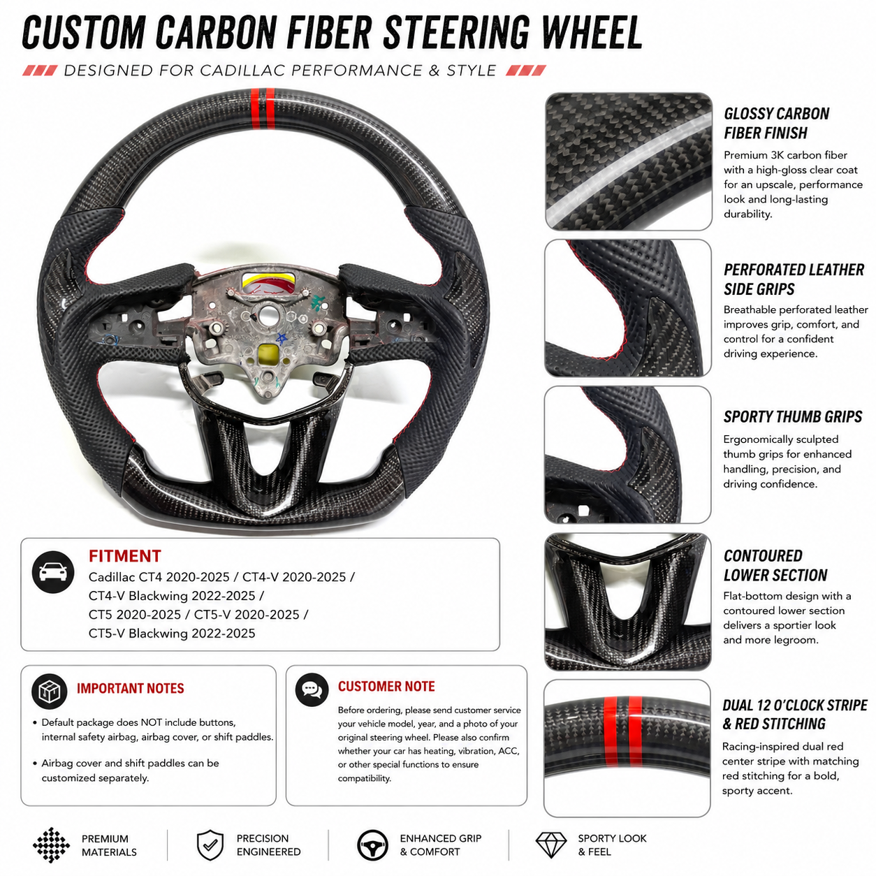Cadillac CT4 CT5 custom carbon fiber steering wheel detail sheet showing glossy weave perforated leather and red accents by CJ Mod Garage